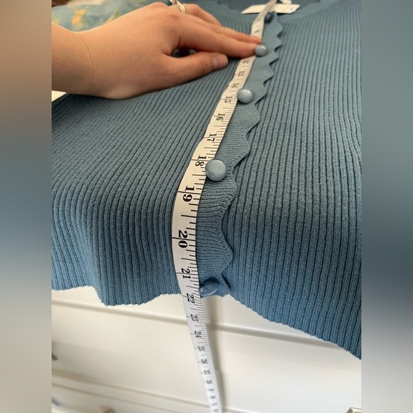 NWT Vila Milano/ Sweater/ Airforce Blue/ Sheer Floral Bubble Sleeves/ Size US XS - Picture 8 of 14